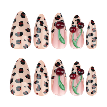 Leopard 3D Cherry Stiletto 24PCS Free Size Press on Nails JP3688