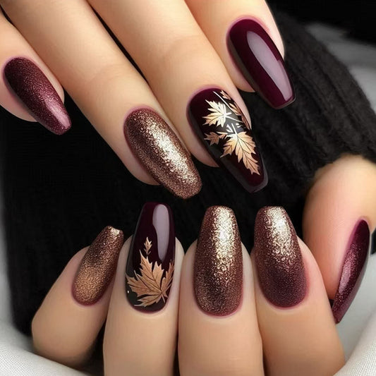 Amber Golden Maple Leaf Coffin 24PCS Free Size Press on Nails W1836