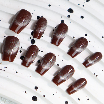 Hot Chocolate Simple Cat's Eye Handmade Almond Press on Nails 128