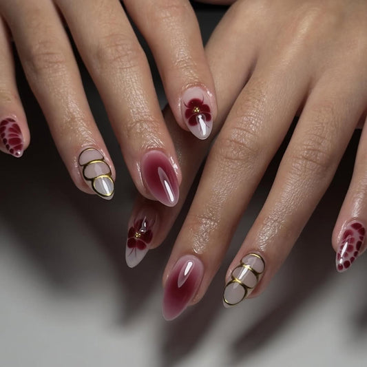 Y2K Claret Blooming Flowers Almond 24PCS Free Size Press on Nails
