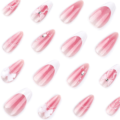 Cat Eye Gradient 3D Bow Almond 24PCS Free Size Press on Nails JP3779