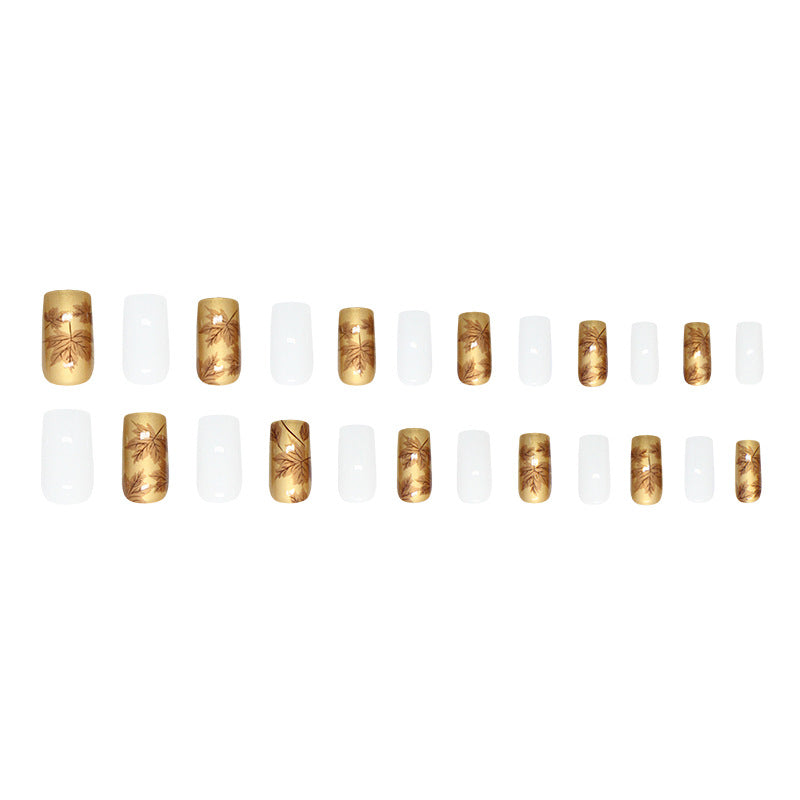 Golden Maple Leaf Square 24PCS Free Size Press on Nails W1861