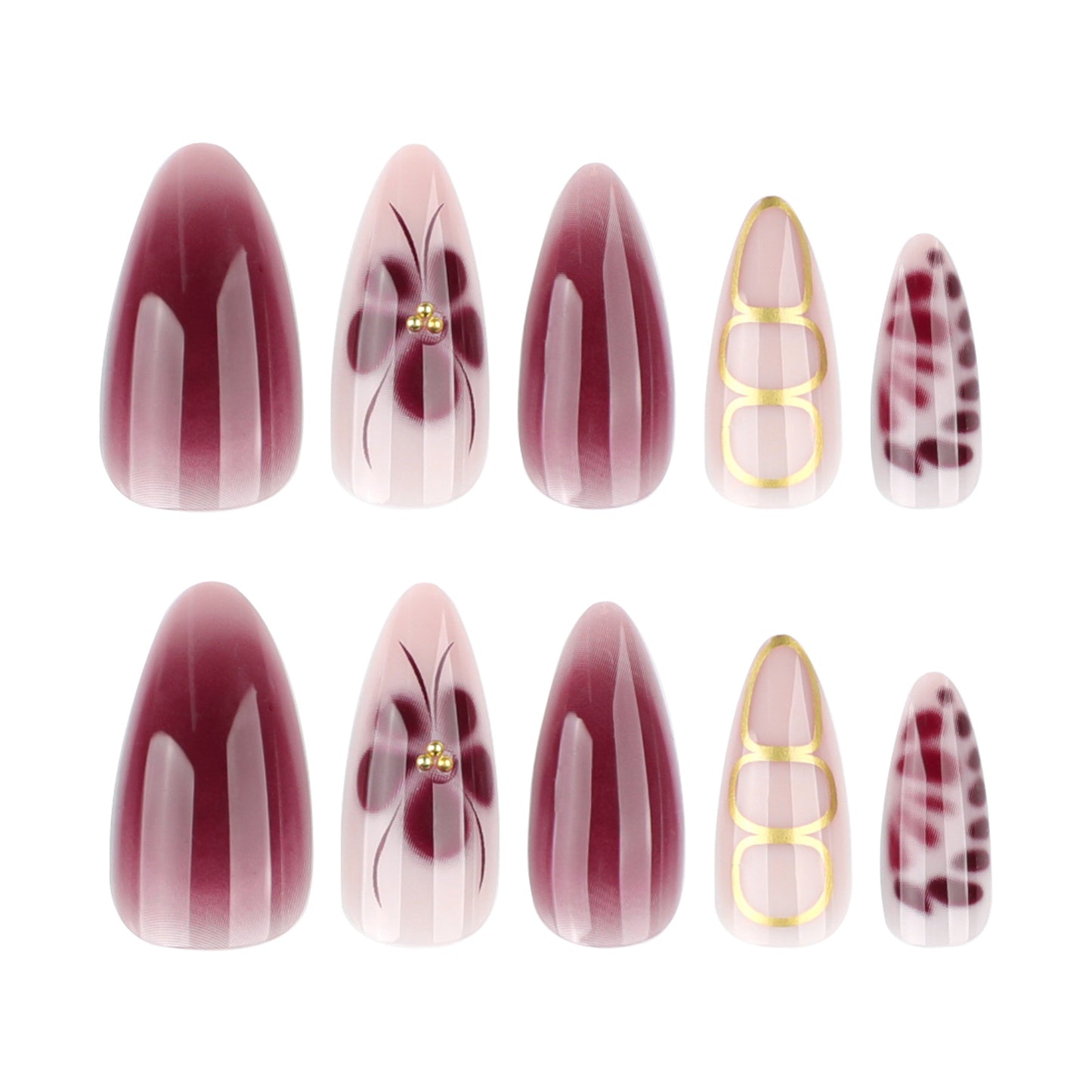 Y2K Claret Blooming Flowers Almond 24PCS Free Size Press on Nails