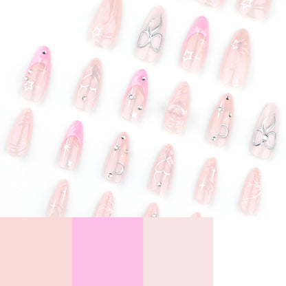 3D Bow Pink Heart Almond 24PCS Free Size Press on Nails JP3626