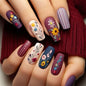 Retro Frosted Floral Stripes Coffin 24PCS Free Size Press on Nails W1809