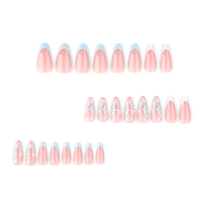 Blue Flower Almond 24PCS Free Size Press on Nails JP3794