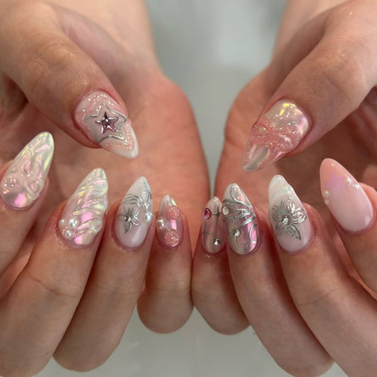 3D Stars Bow Almond 24PCS Free Size Press on Nails JP3847