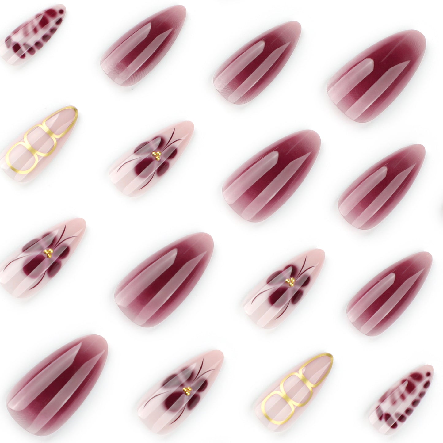 Y2K Claret Blooming Flowers Almond 24PCS Free Size Press on Nails