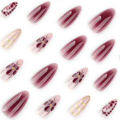 Y2K Claret Blooming Flowers Almond 24PCS Free Size Press on Nails