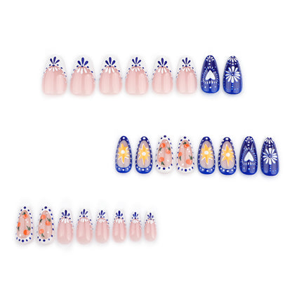 French Tip Mediterranean Pattern Almond 24PCS Free Size Press on Nails JP3580