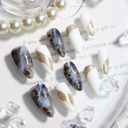 Gold Foil Marble Handmade Almond Press On Nails A571