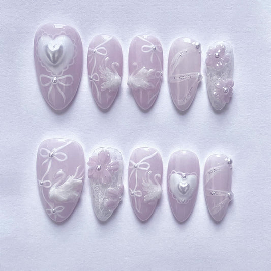 3D White Swan Almond 24PCS Free Size Press on Nails JP3886