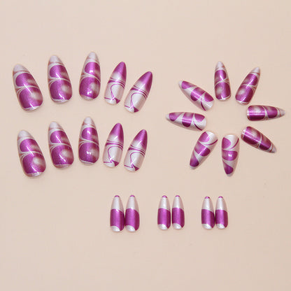 Violet Blooming Flowers Almond 24PCS Free Size Press on Nails W1834