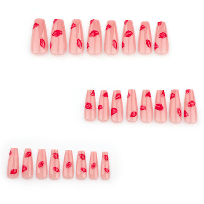 Hot Red Lip Print Coffin 24PCS Free Size Press on Nails JP3627