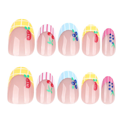 Striped Fruit Oval 24PCS Free Size Press on Nails JP3963