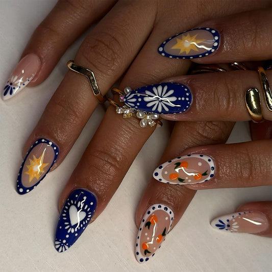 French Tip Mediterranean Pattern Almond 24PCS Free Size Press on Nails JP3580