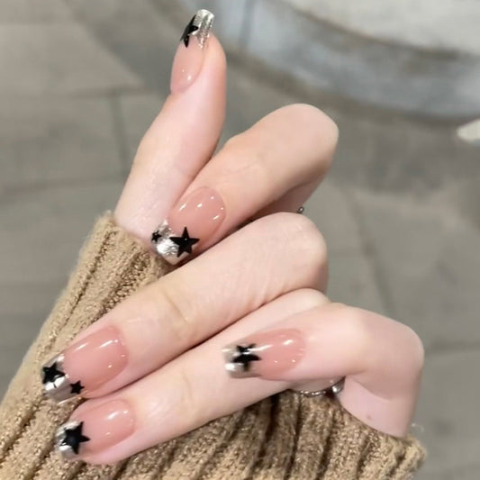 French Point Pearl Star Square 24PCS Free Size Press on Nails JL0689