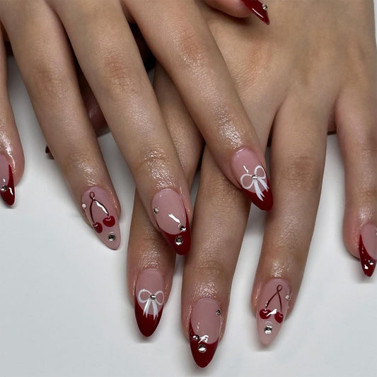 Burgundy French Pointed Cherry Almond 24PCS Free Size Press on Nails JP3733