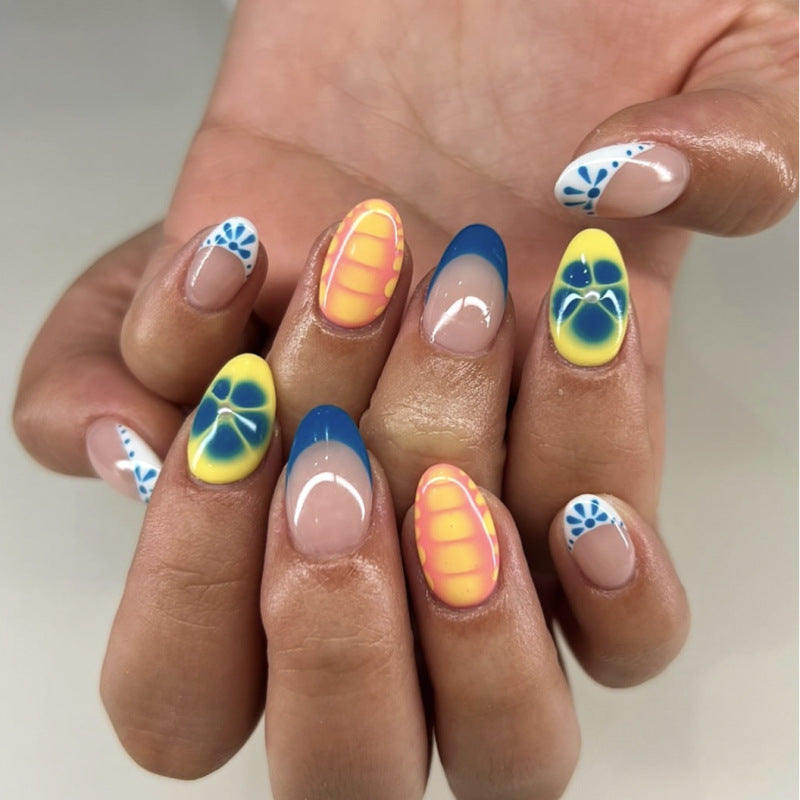 Blooming Flowers Almond 24PCS Free Size Press on Nails JP3961
