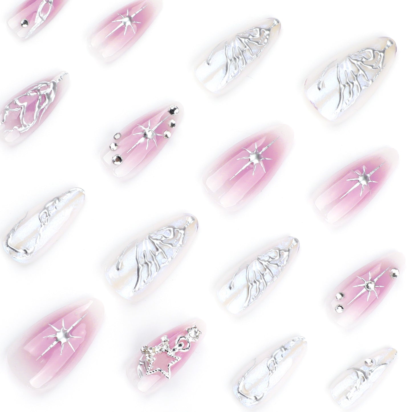 Y2K 3D Silver Butterfly Almond 24PCS Free Size Press on Nails JP3690