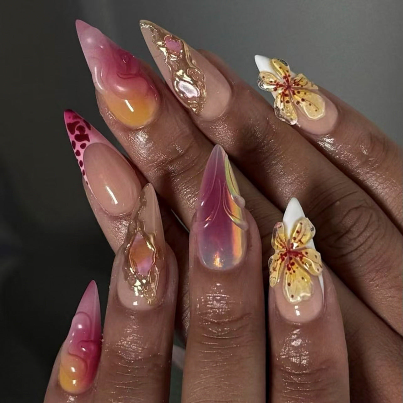 French Leopard Print Gradient Stiletto 24PCS Free Size Press on Nails JP3852