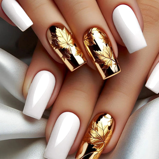 Golden Maple Leaf Square 24PCS Free Size Press on Nails W1861