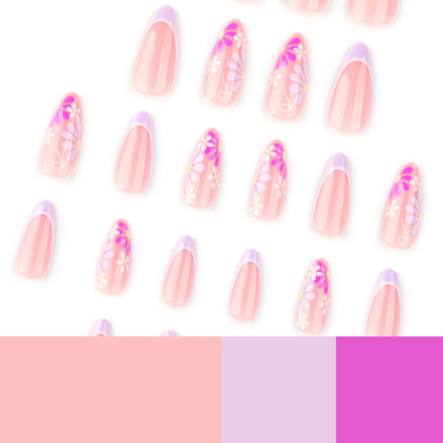 Purple Flowers Almond 24PCS Free Size Press on Nails  JP3793