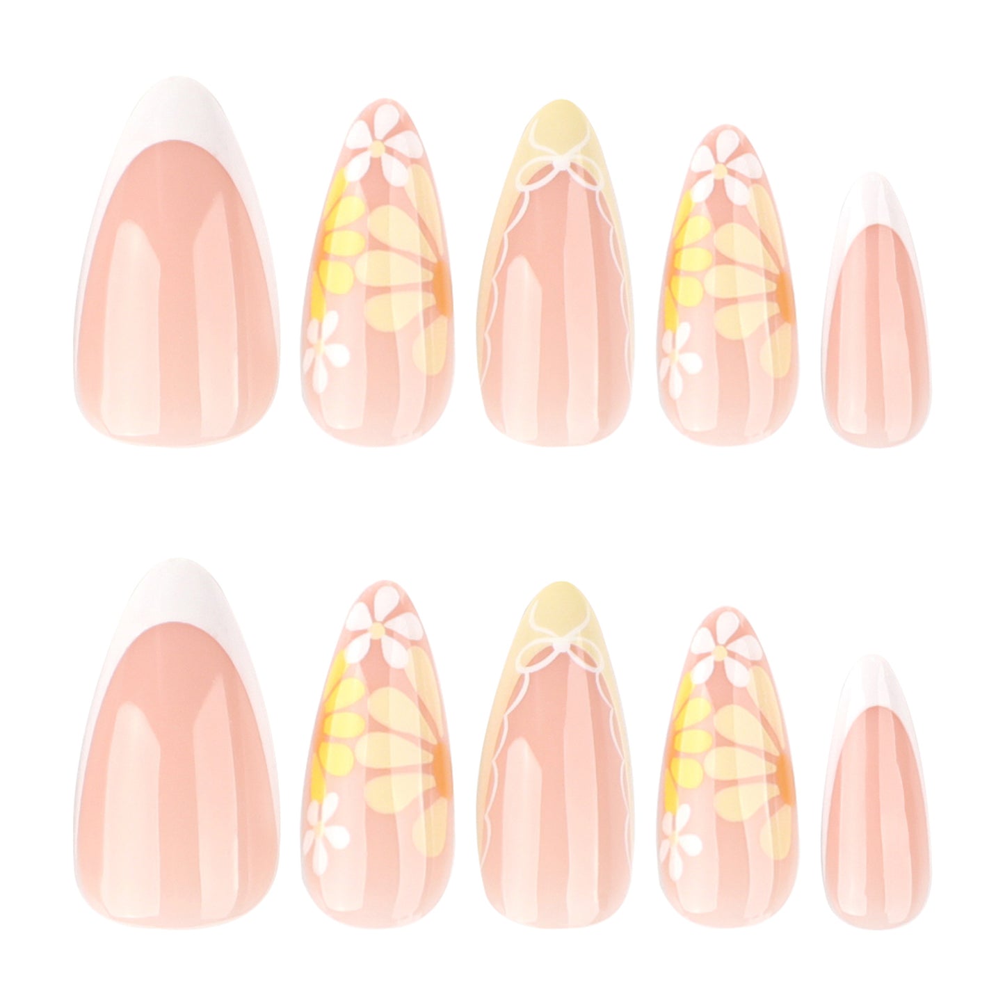 Yellow Flowers Almond 24PCS Free Size Press on Nails JP3796