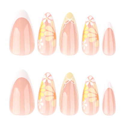 Yellow Flowers Almond 24PCS Free Size Press on Nails JP3796