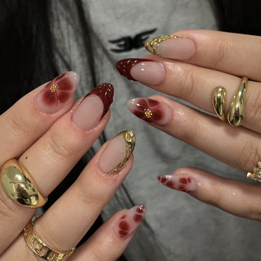 French Coffee Gradient Flowers Almond 24PCS Free Size Press on Nails JP3874