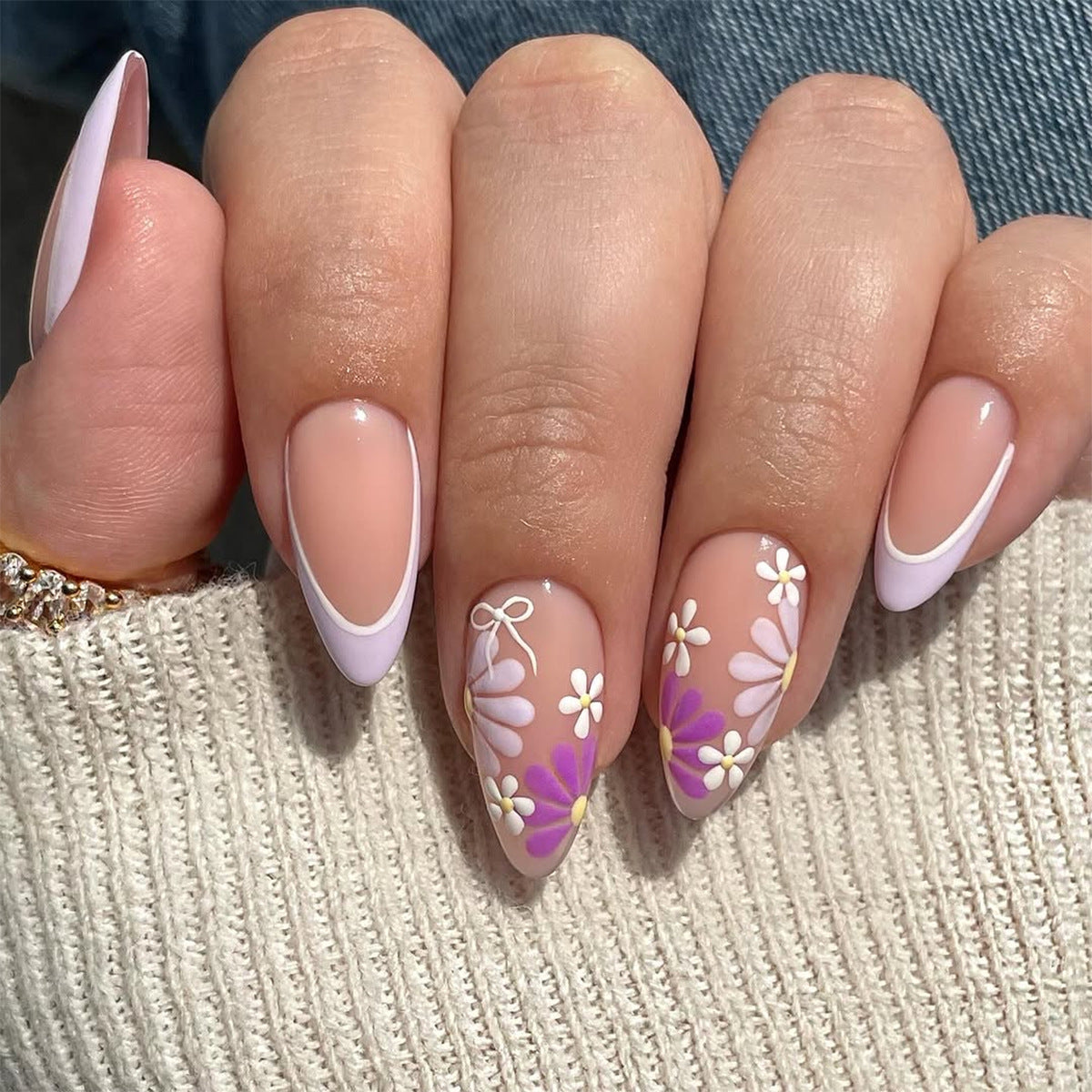 Purple Flowers Almond 24PCS Free Size Press on Nails  JP3793