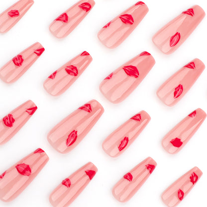 Hot Red Lip Print Coffin 24PCS Free Size Press on Nails JP3627