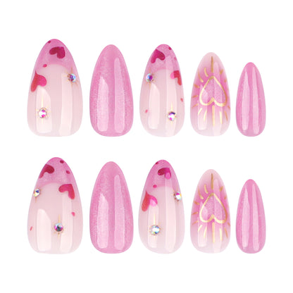 French Pink Cat Eye Heart Shape Almond 24PCS Free Size Press on Nails JP3848