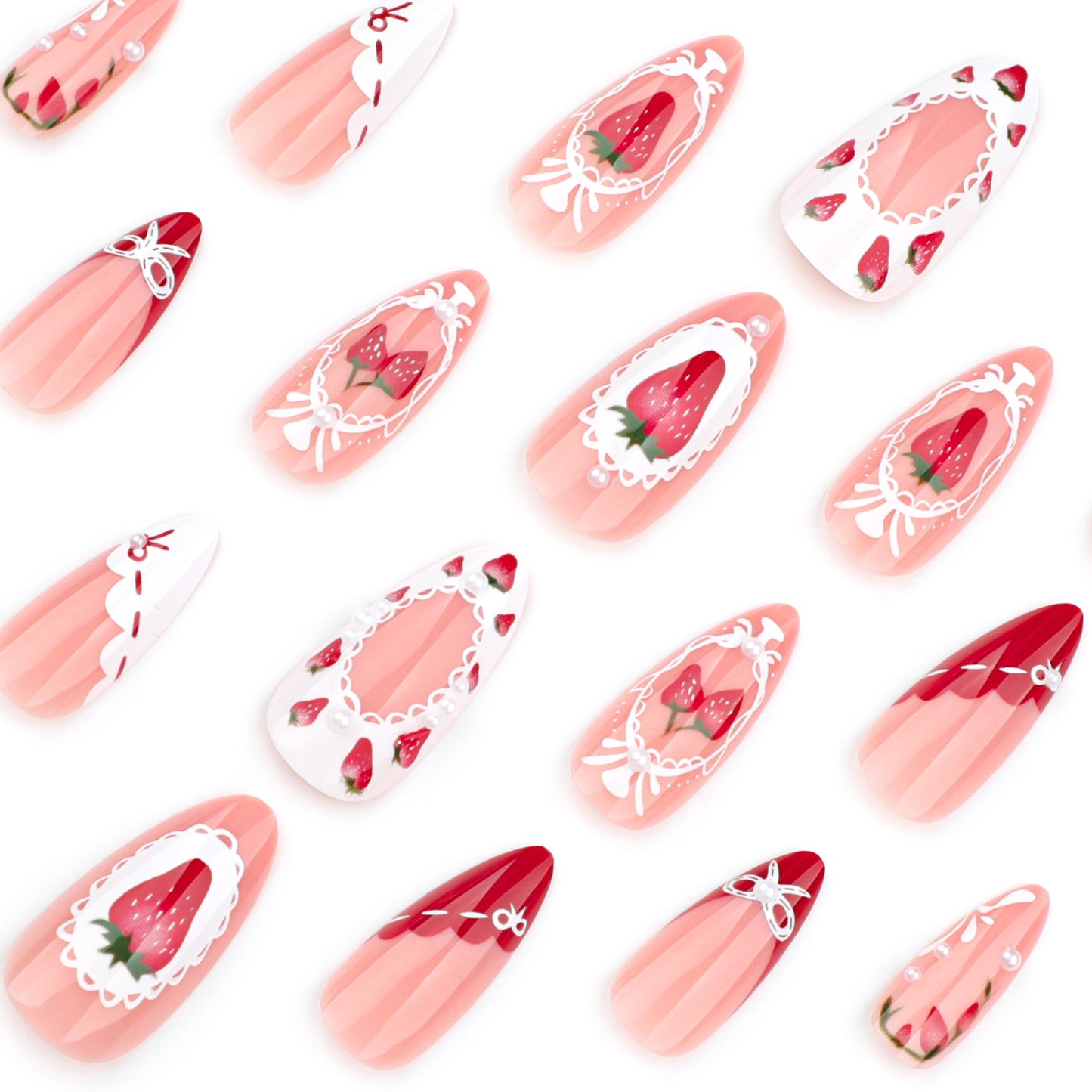 French Sweet Strawberry Almond 24PCS Free Size Press on Nails JP3740