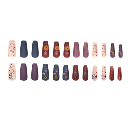 Retro Frosted Floral Stripes Coffin 24PCS Free Size Press on Nails W1809
