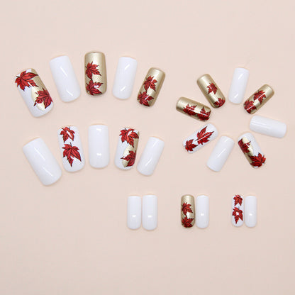 Red Maple Leaf Square 24PCS Free Size Press on Nails W1860