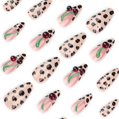 Leopard 3D Cherry Stiletto 24PCS Free Size Press on Nails JP3688