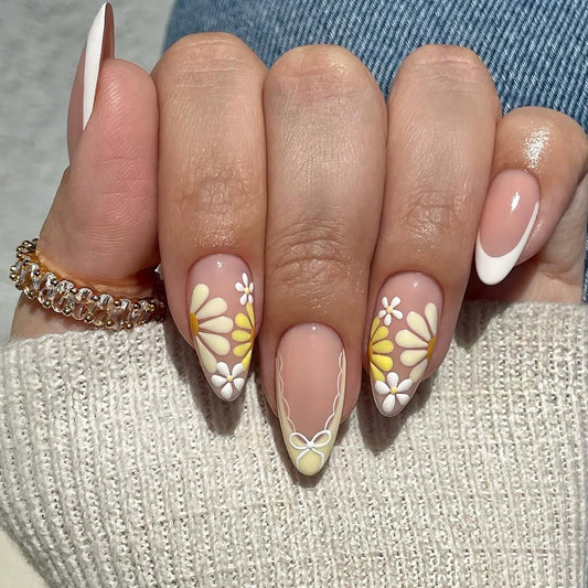 Yellow Flowers Almond 24PCS Free Size Press on Nails JP3796