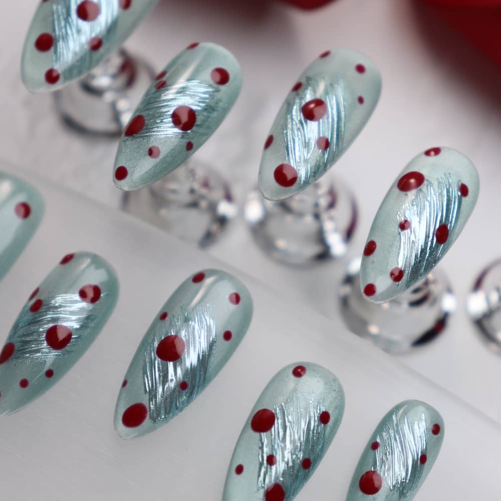 Fresh Mint Polka Dot Skirt Handmade Almond Press on Nails A1211