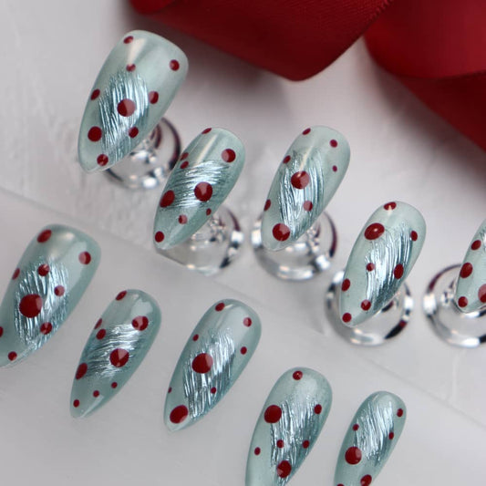 Fresh Mint Polka Dot Skirt Handmade Almond Press on Nails A1211